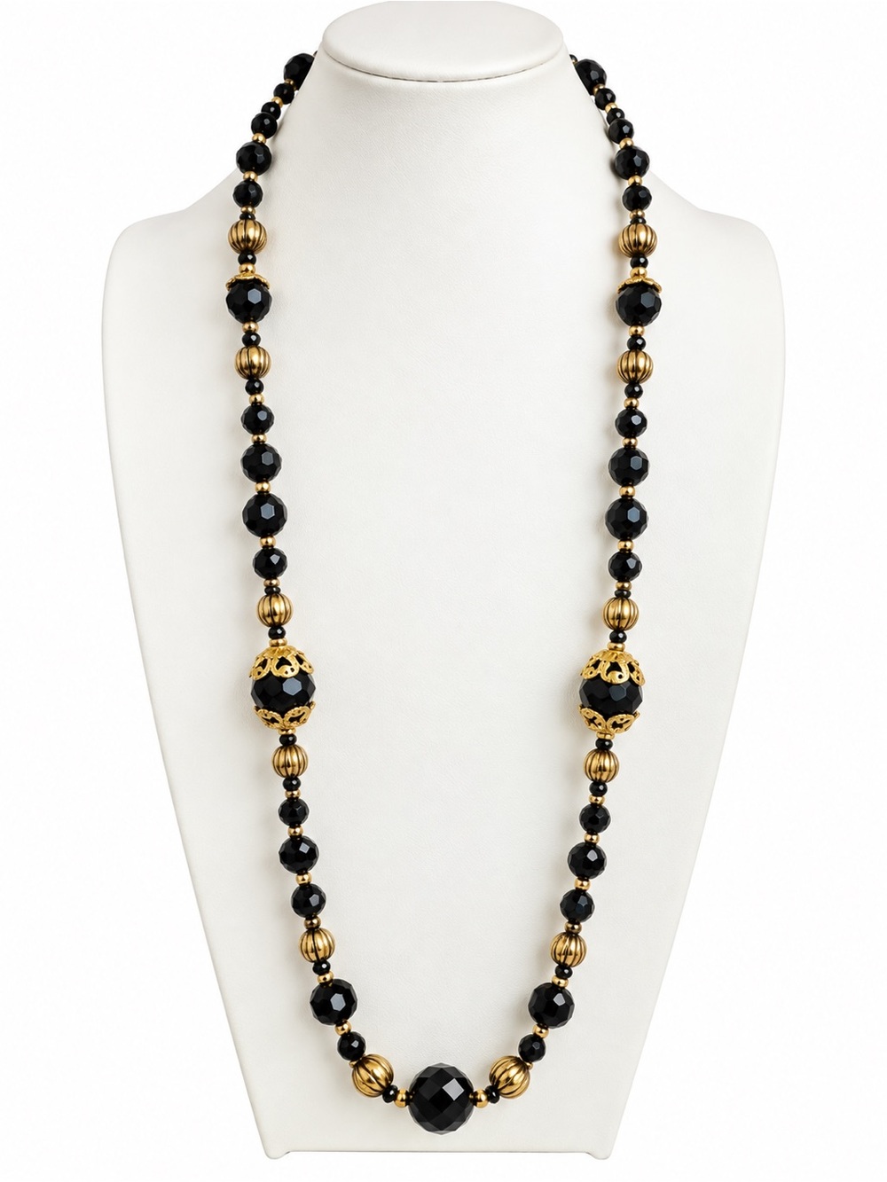 Vintage Jacqueline Ferrar Black Gold Beaded Statement Necklace 37” Signed